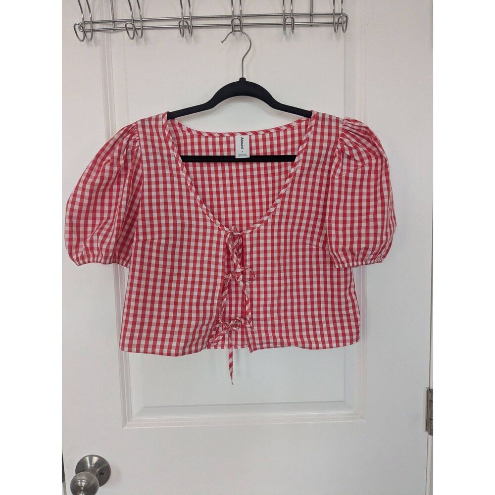 Abound Gingham Tie Front Puff Sleeve Top